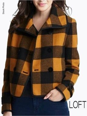 NWOT LOFT Wool Blend Buffalo Plaid Cropped Jacket Pea Coat (XSP)